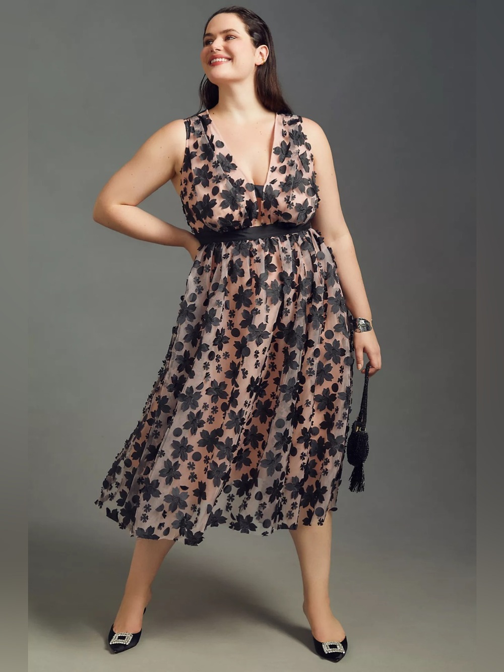 NWOT Anthropologie Black 3D floral applique a line cocktail dress 16 - Picture 3 of 6